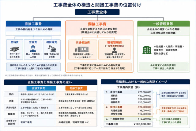 工事費全体の構造と間接工事費の位置づけ（直接工事費との違いを図解）