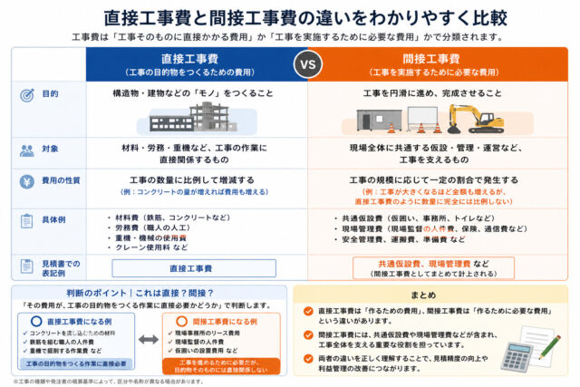 直接工事費と間接工事費の違いを比較した図｜内訳・性質・具体例を整理