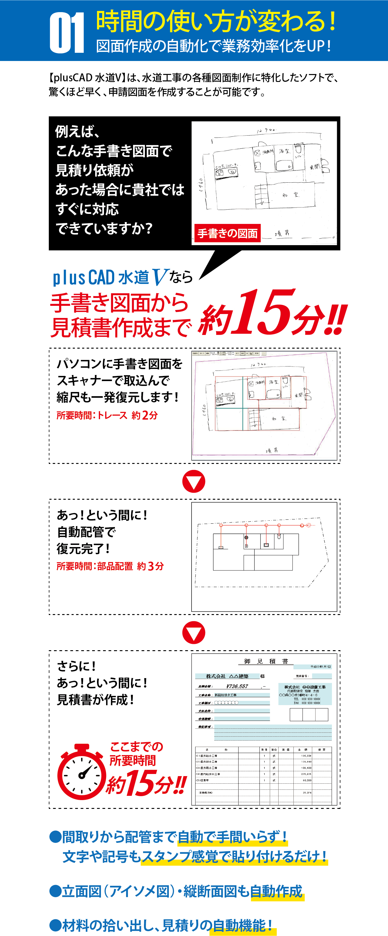 【plusCAD水道V】で３つの業務が変わる！その１時間の使い方が変わる！